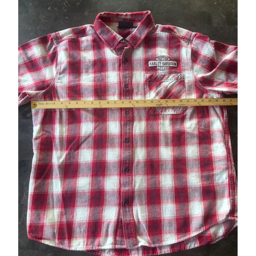 Harley-Davidson Mens 2XL Red White Plaid Flannel Shirt Short Sleeve Button Up - Picture 8 of 8